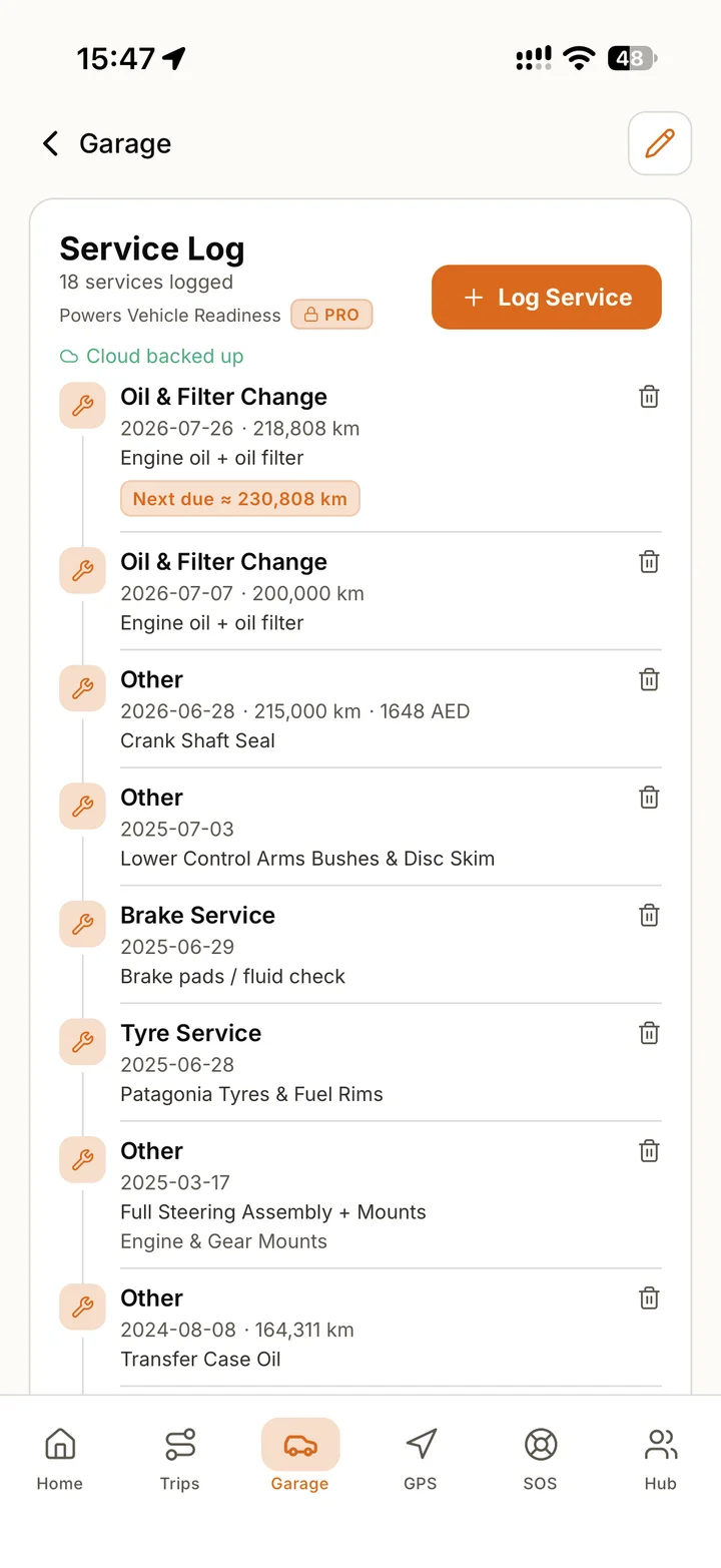 A vehicle service history in Navra's light Desert Mode