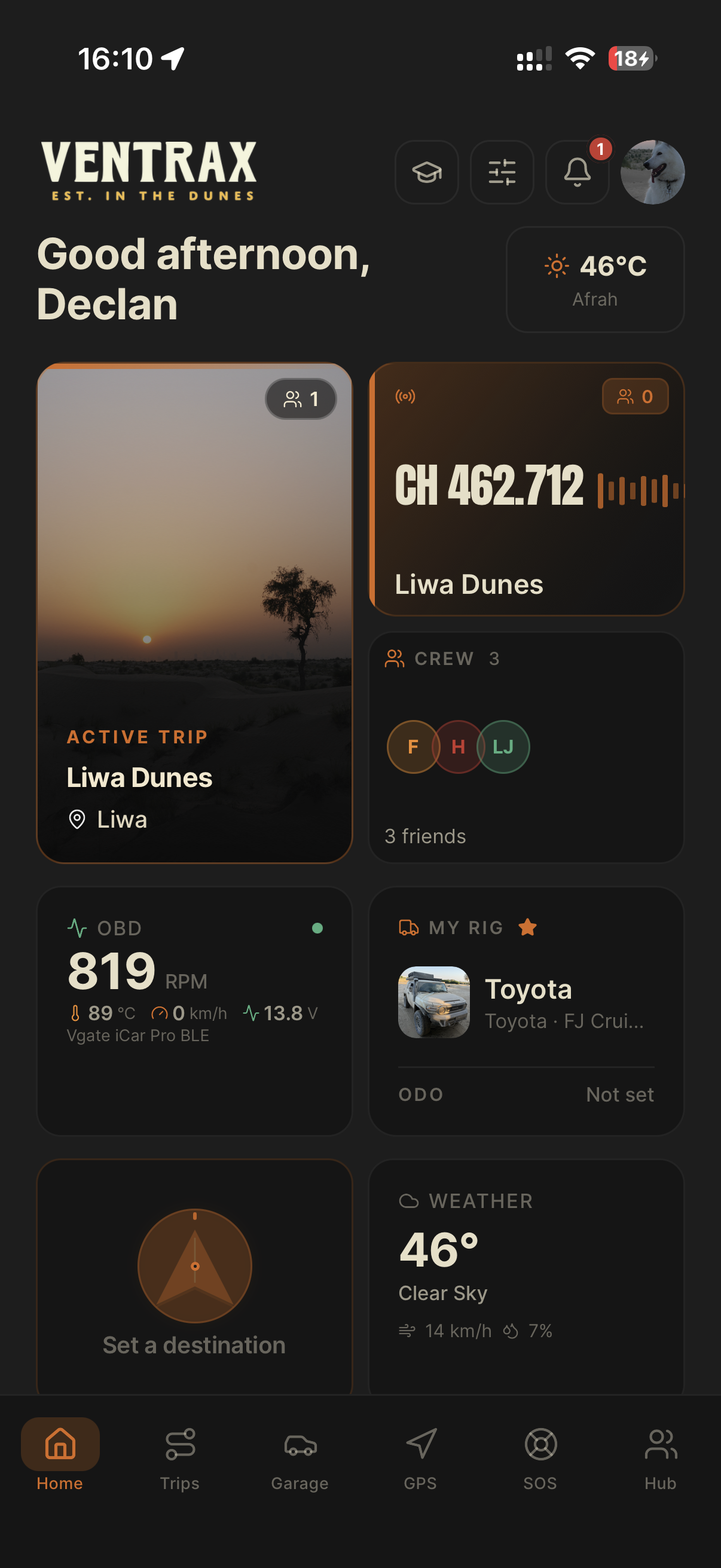 Navra dashboard showing active trip, convoy and vehicle data